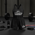 Titanium Mindset black athletic tank top and shorts set with white logo