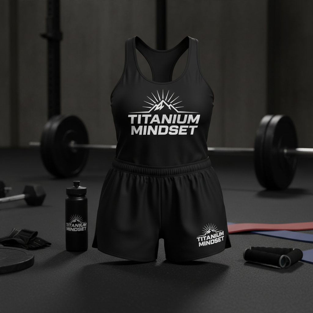 Titanium Mindset black athletic tank top and shorts set with white logo