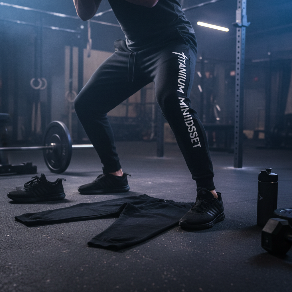 Titanium Mindset black sweatpants with white logo on the leg