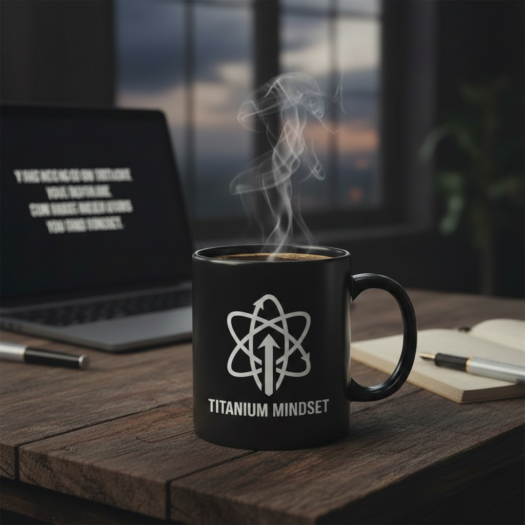 Titanium Mindset black ceramic coffee mug with white logo