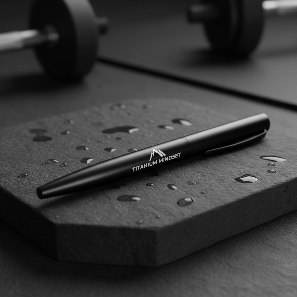 Titanium Mindset black pen with white logo and typography